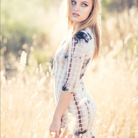 Three quarter sleeve lace front tyedye mini dress - Picture 2 of 6